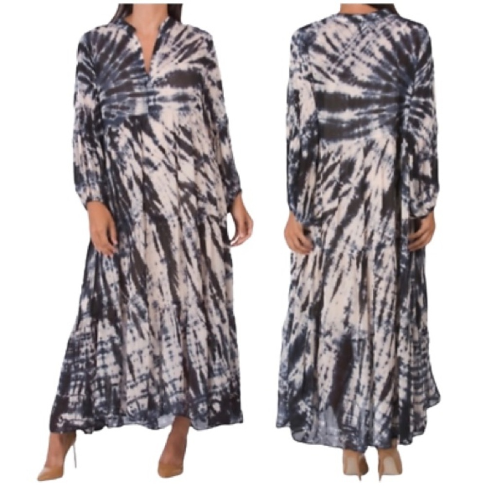 Young Fabulous and Broke Blue & Beige Tie Dye Balloon Sleeve Boho Maxi Dress